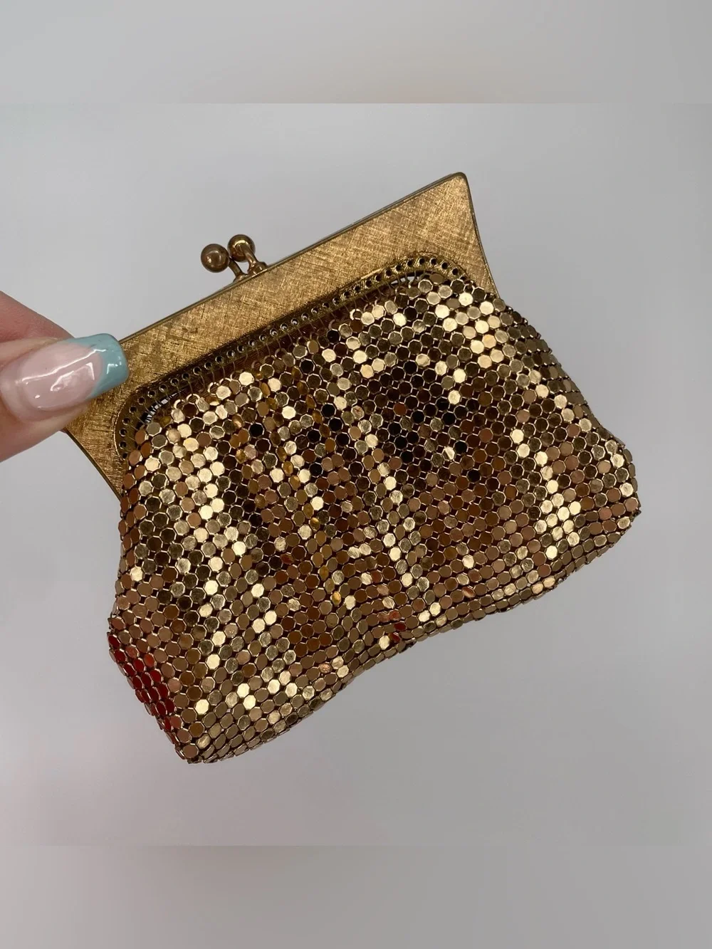 Vintage Shiny Gold Metal Mesh Chainmail Coin Purse Structured Metal Frame